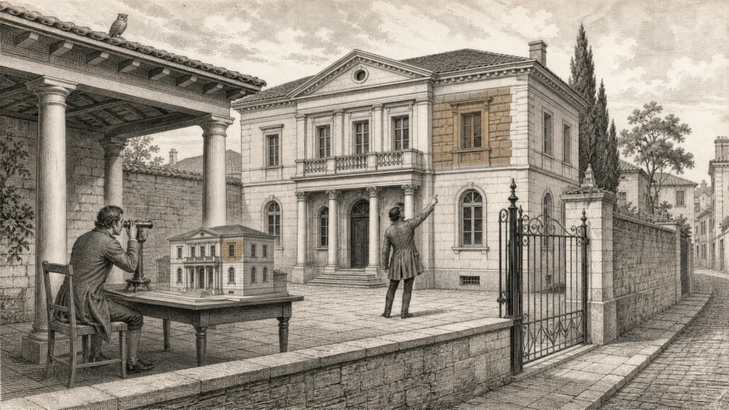 Engraved illustration of an architect comparing a finished building against a scale model in a private courtyard — Gloria Institute CASS achievability assessment