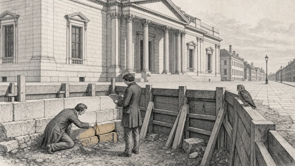 Engraved illustration of a cracked foundation stone exposed beneath an intact classical building — Gloria Institute CGSL structural risk diagnostic