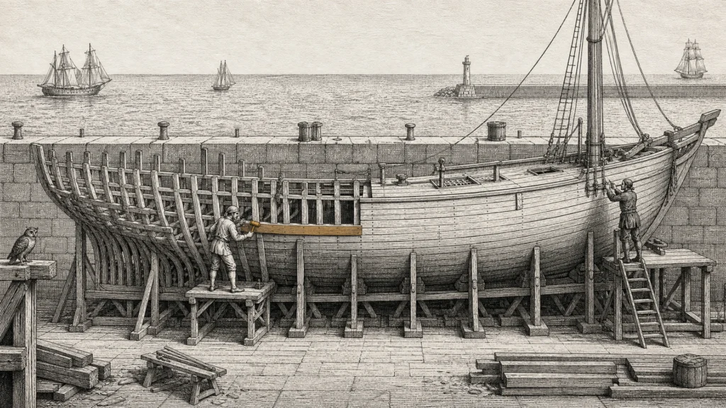 Engraved illustration of a ship's hull under construction in a dry dock, from bare ribs to finished bow — Gloria Institute CPSE engineering pipeline