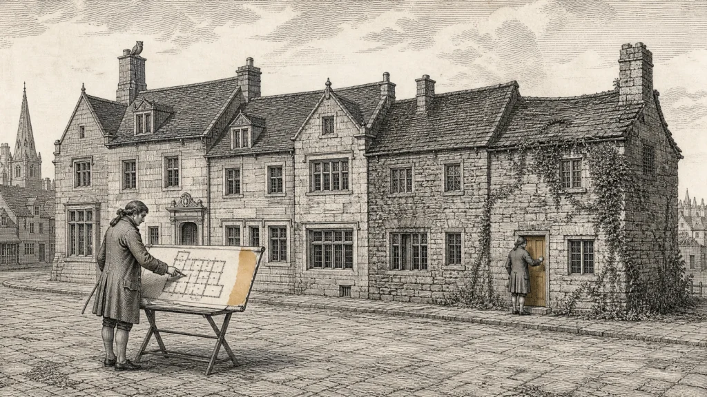 Engraved illustration of a surveyor's old map ending where a manor house's later, undocumented wing continues — Gloria Institute CSAS architecture audit