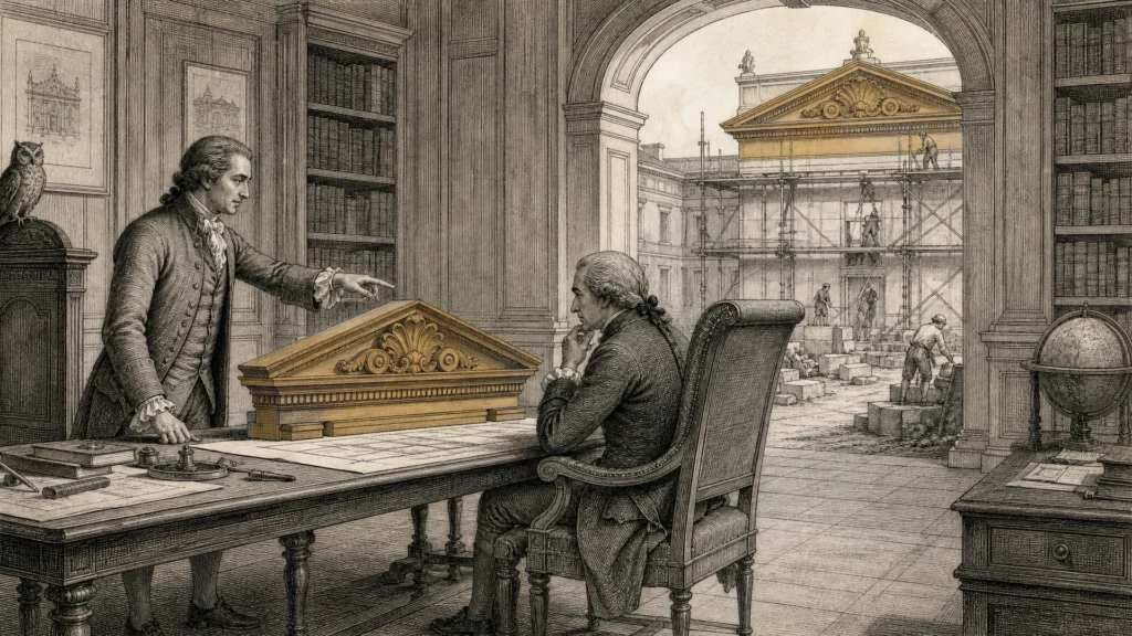 Engraved illustration of a practitioner presenting a matching architectural cornice model to a patron while real work continues through an archway — Gloria Institute DASP organizational practice
